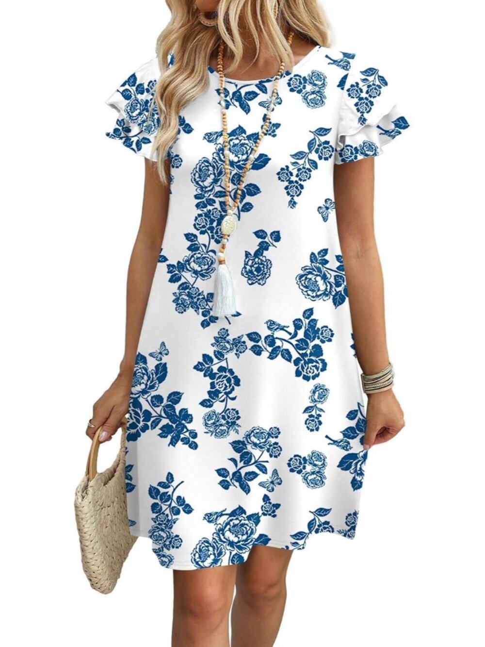 Women's White Blue Polyester Blend Cap Sleeve Crew Neck Pull On Mini Dress
